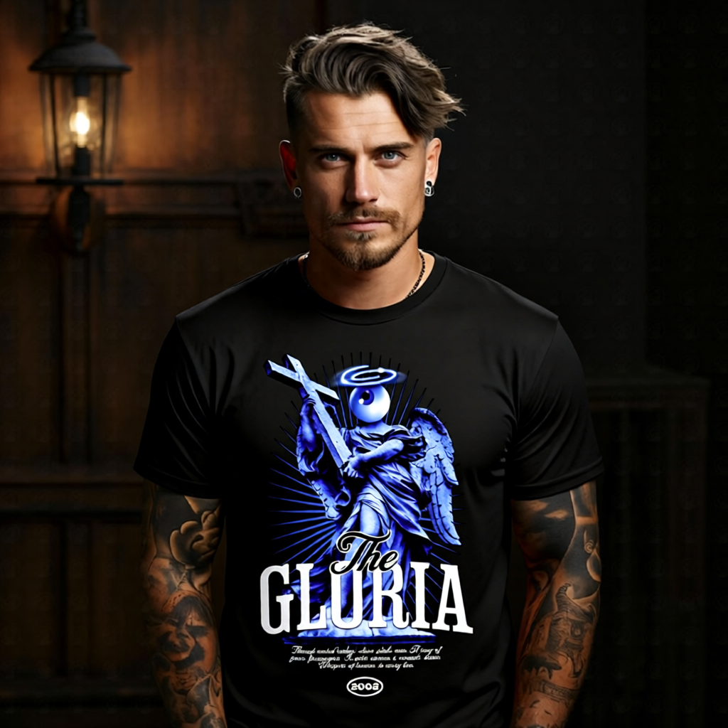 THE GLORIA Angel Cross Graphic T-Shirt – Blue Surreal Celestial Streetwear by Project Hood