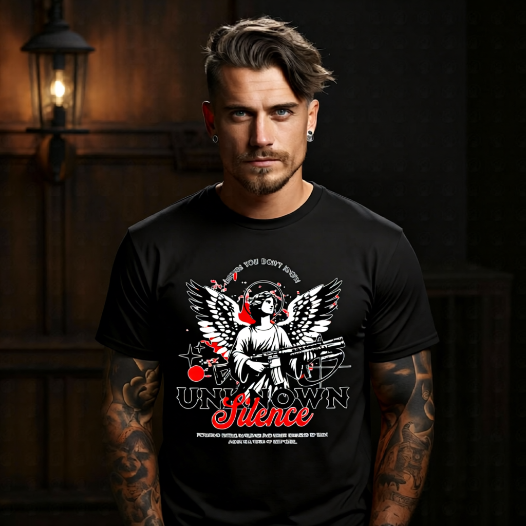 Silence Things You Don't Know angel rifle oversized graphic tee front view — Project Hood streetwear