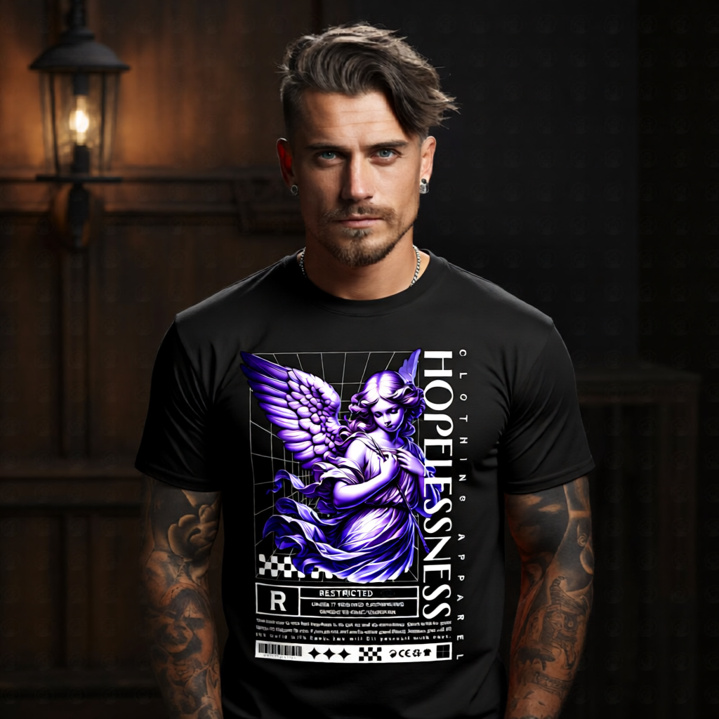 Hopelessness purple angel wireframe grid oversized graphic tee front view — Project Hood dark streetwear