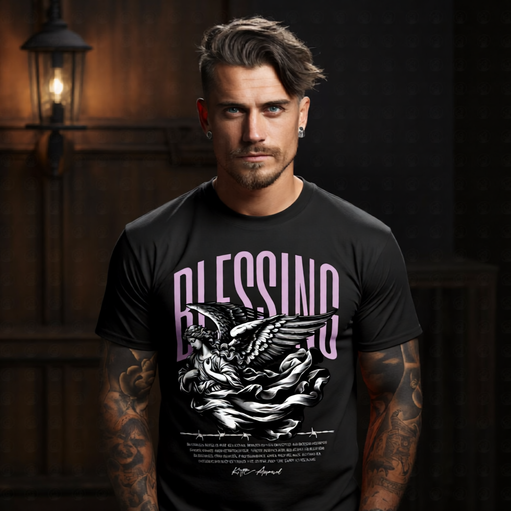 BLESSING celestial angel divine grace barbed wire oversized graphic tee front view — Project Hood faith streetwear