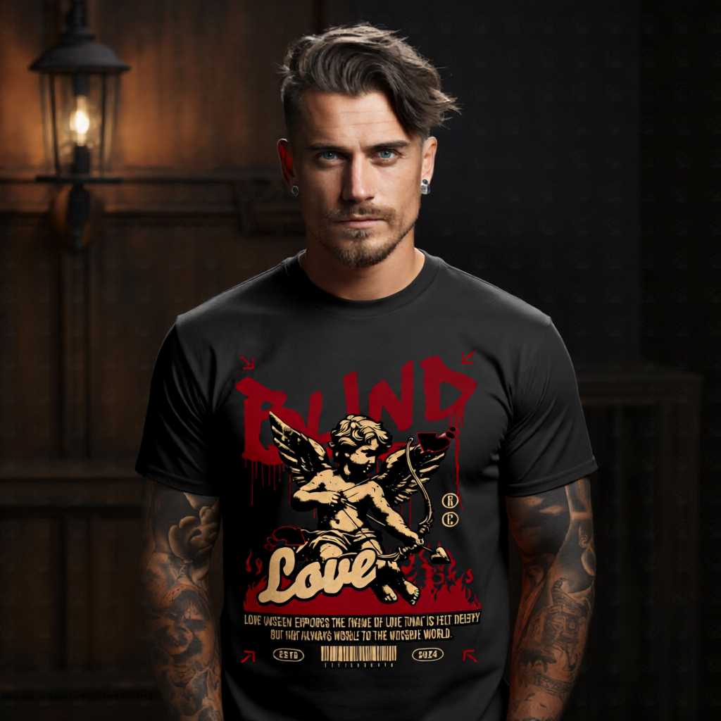 BLIND LOVE Project Hood oversized streetwear tee — red graffiti BLIND gold script Love Cupid cherub flames front graphic