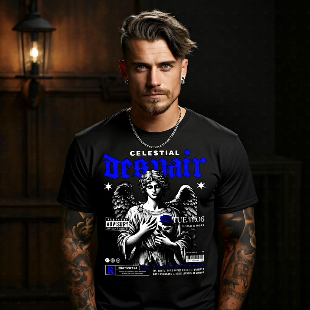 CELESTIAL DESPAIR Project Hood oversized streetwear tee — blue gothic blackletter DESPAIR with angel holding blue rose front graphic