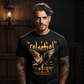 STARS ALIGN Project Hood oversized streetwear tee — gold distressed gothic celestial text stone angel spread wings front graphic