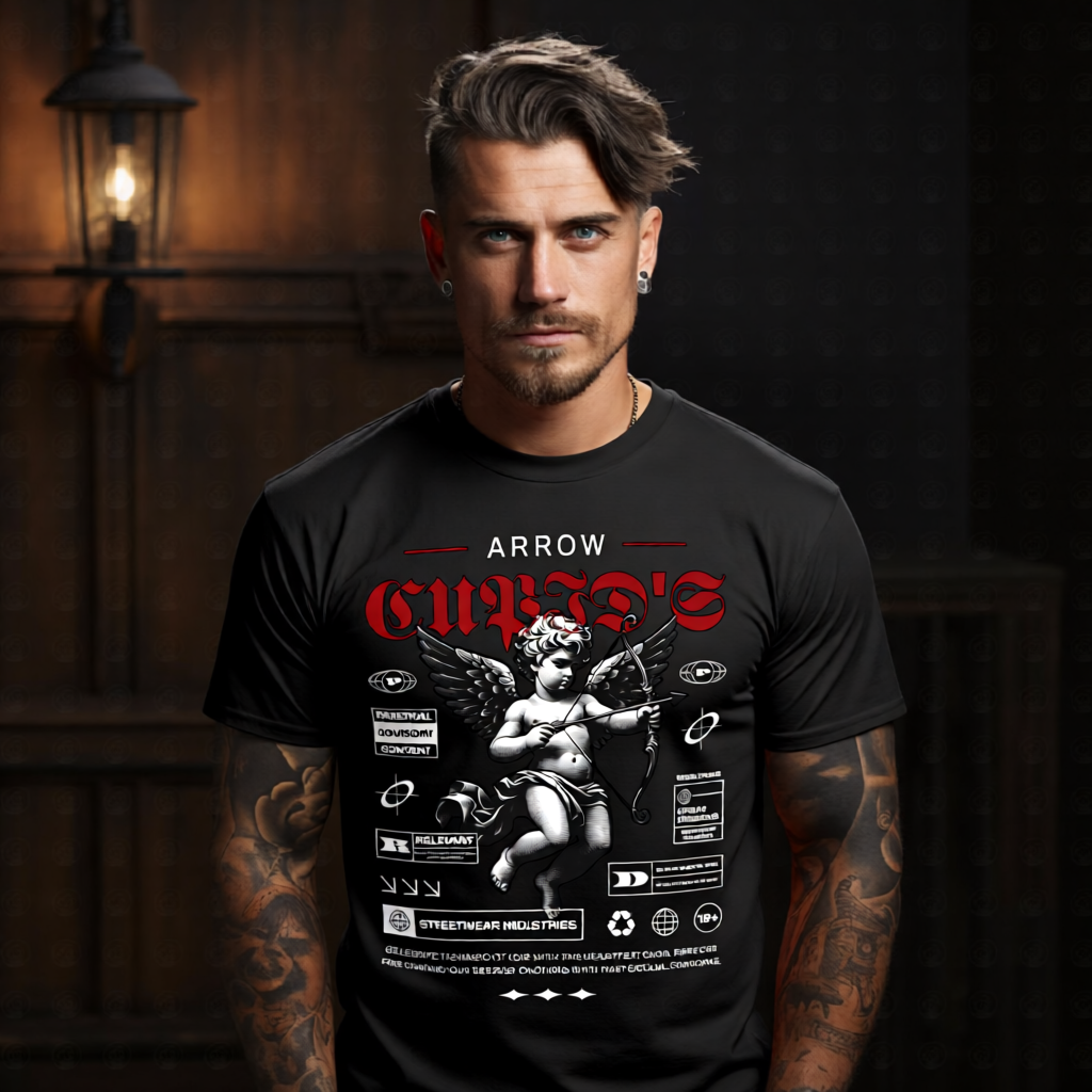 CUPID'S ARROW Project Hood oversized streetwear tee — red blackletter CUPID'S block text ARROW classical cherub bow drawn front graphic