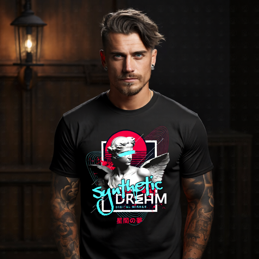 Synthetic Dream vaporwave angel oversized streetwear t-shirt with Japanese kanji and neon retrowave graphic — Project Hood