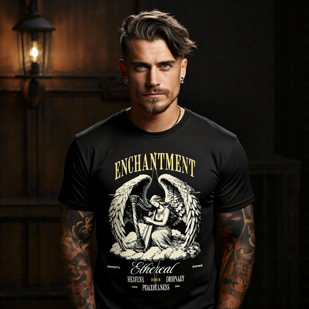 ENCHANTMENT Project Hood oversized streetwear tee — collegiate ENCHANTMENT arch ethereal harp angel clouds Mindful States gold accents front