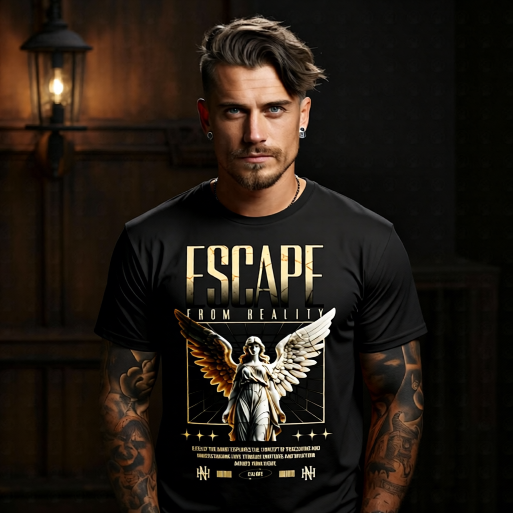 FALLEN ANGEL Project Hood oversized streetwear tee — peach orange bold FALLEN block text dark wings angel freefall front graphic