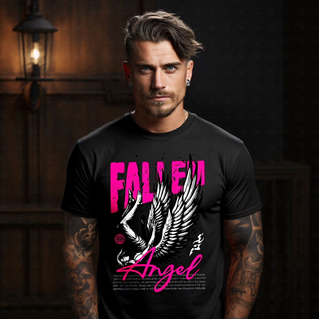 FEARLESS Project Hood oversized tee — teal bold FEARLESS block type photorealistic angel AK-47 chain-link fence front graphic