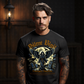 CRADLES Project Hood oversized tee — bold red CRADLES slab text white guardian cursive photorealistic archangel holding infant front