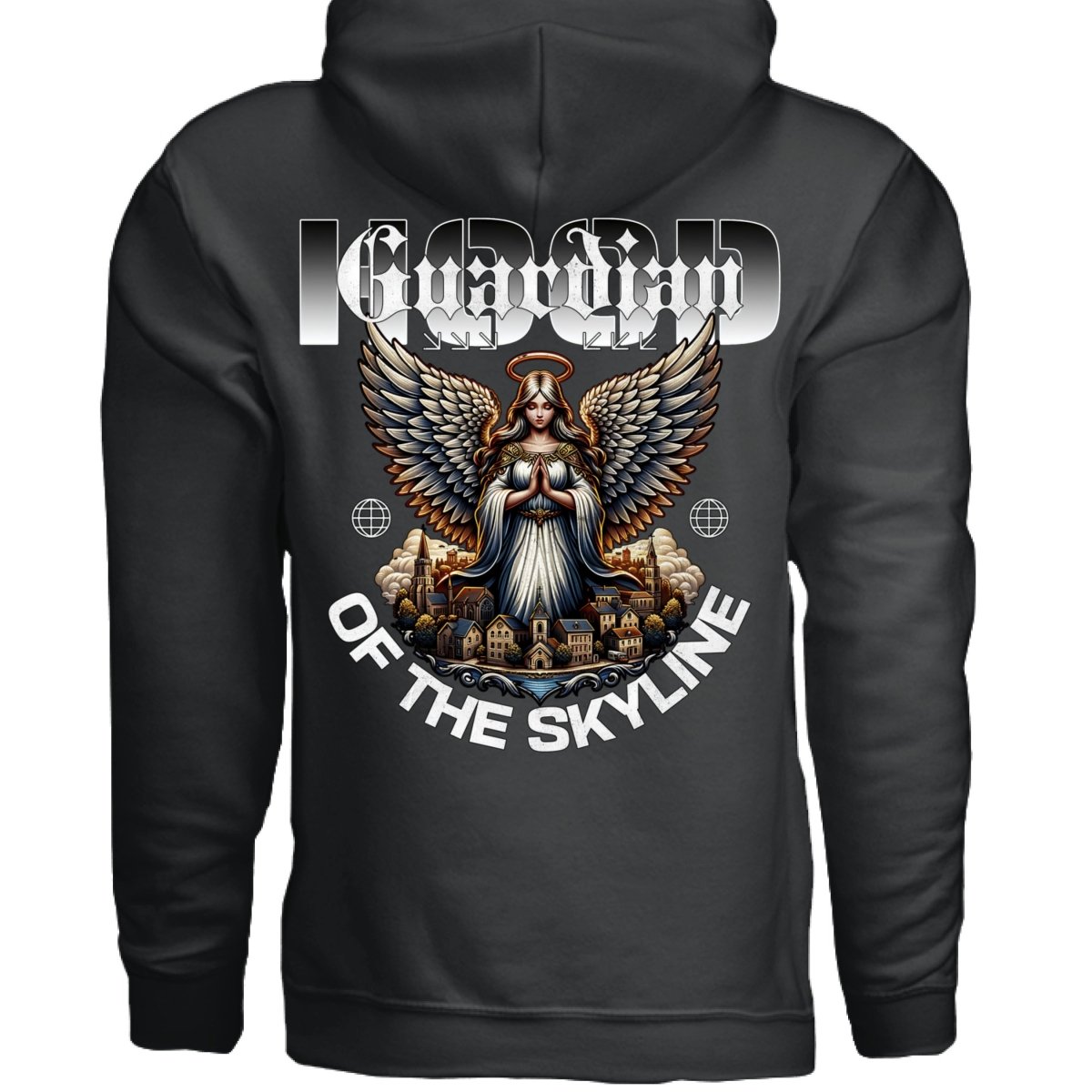 GUARDIAN OF THE SKYLINE Praying Angel Halo Cityscape Oversized Hoodie | Project Hood 129 - Project Hood