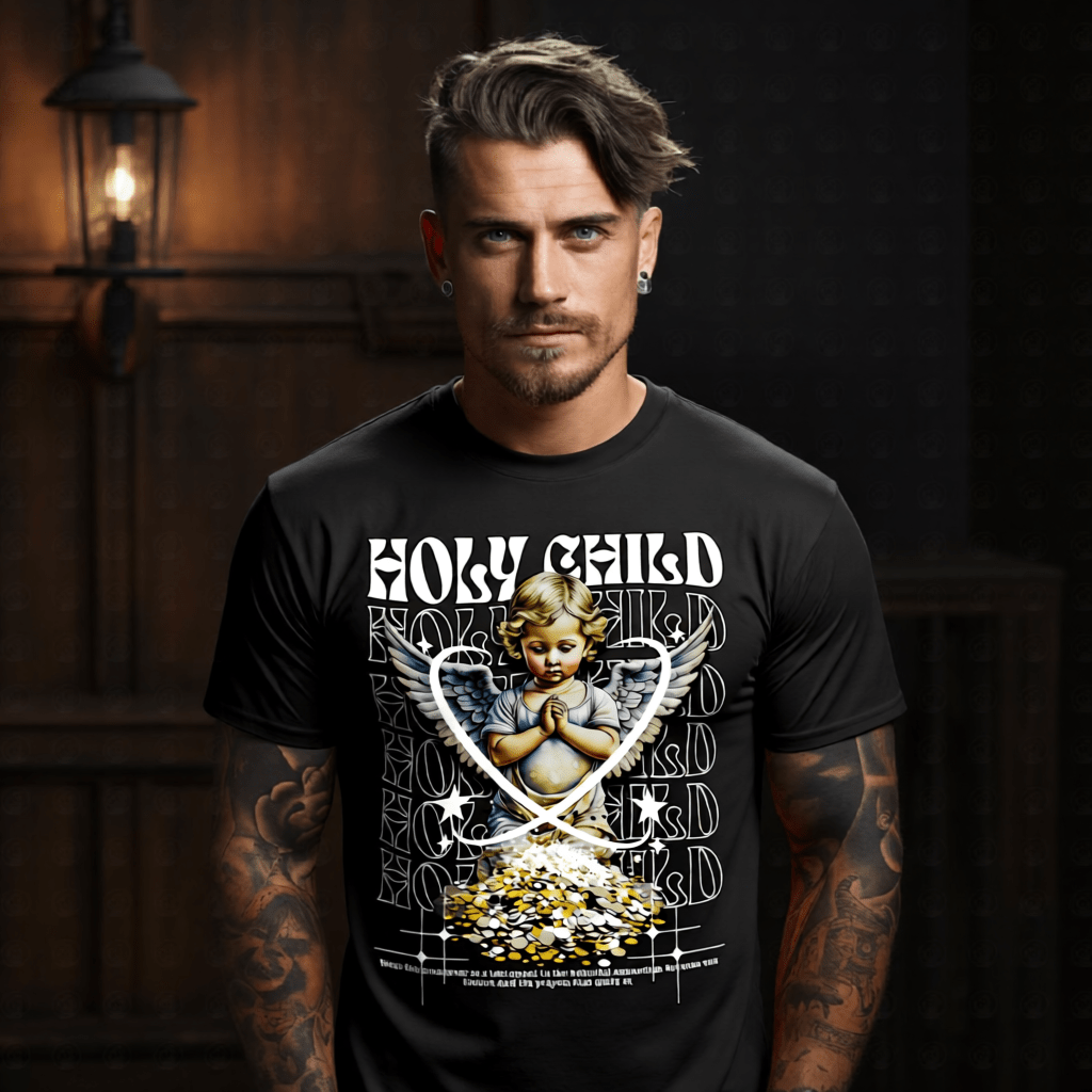 Holy Child Praying Angel Graphic T-Shirt | Faith Streetwear | Wear This as a Testament to the Beautiful Connection Between Our Dreams and the Prayers That Guide Us | Project Hood 36 - Project Hood