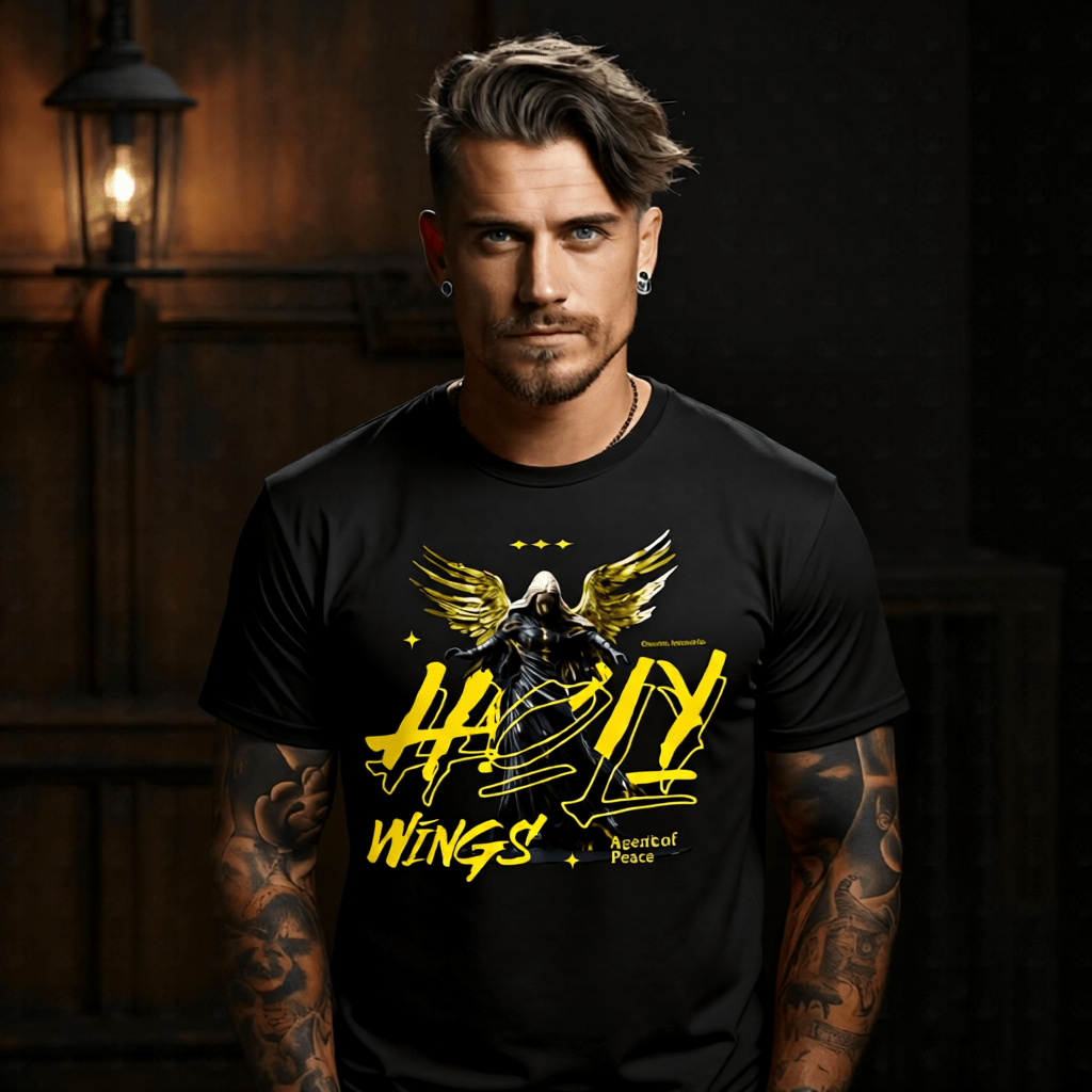 Holy Wings Black Angel Oversized Streetwear T-Shirt | Gold Wings Graffiti Graphic Tee | Project Hood 12 - Project Hood