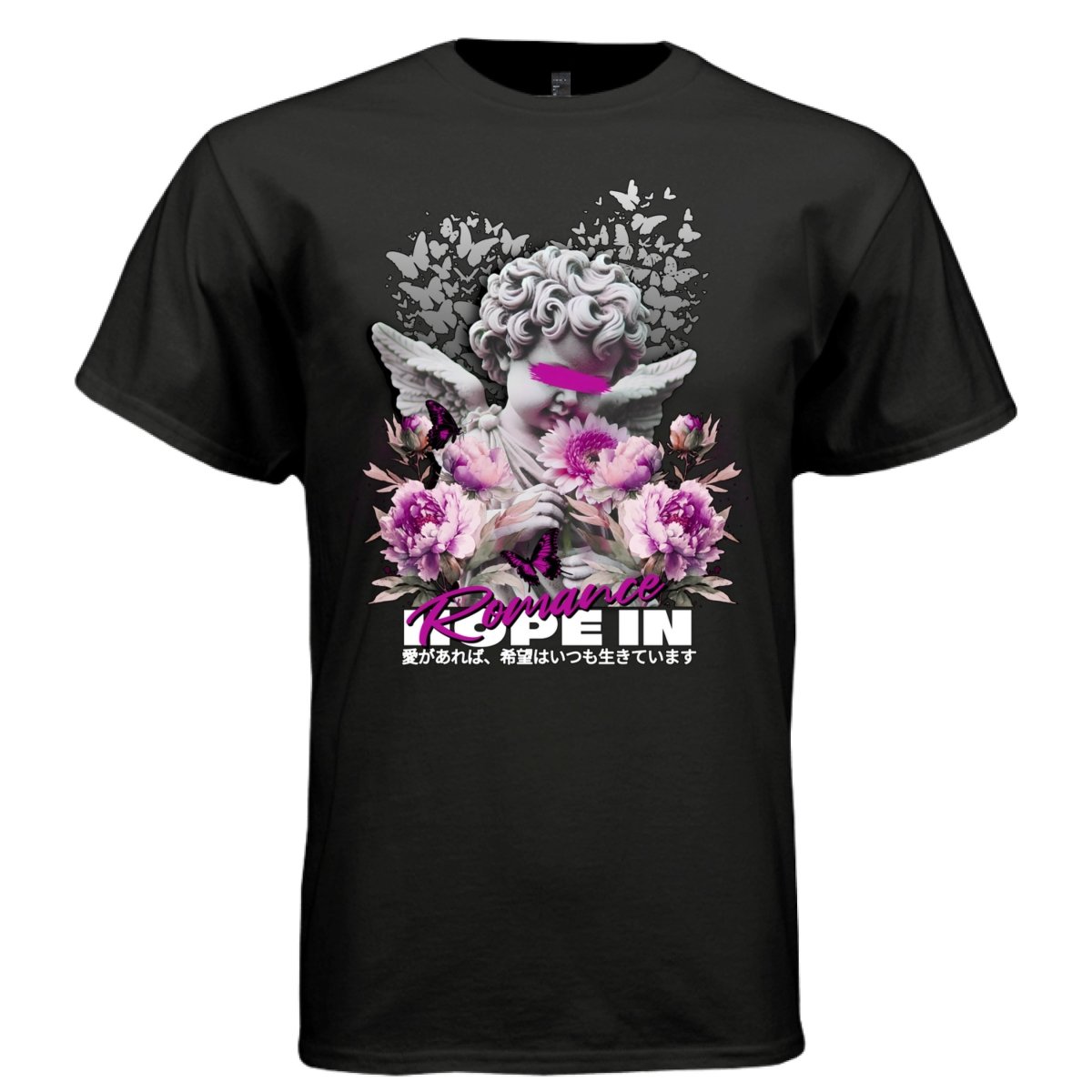HOPE IN Romance Censored Cherub Graphic T-Shirt | Vaporwave Gothic Tee | Pink Floral Dark | Project Hood | 52 - Project Hood