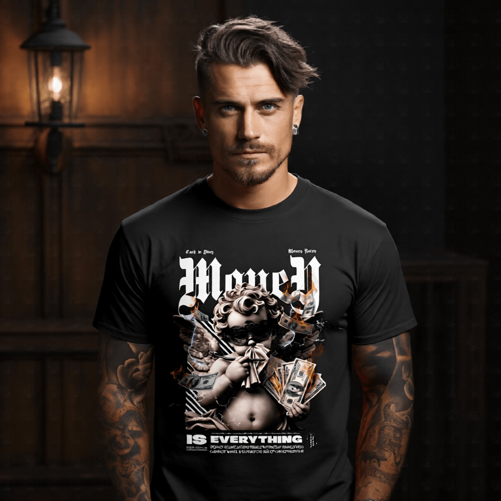 MONEY IS EVERYTHING Masked Cherub Graphic T-Shirt | Dark Hustle Streetwear | Cash Is King | Project Hood | 50 - Project Hood