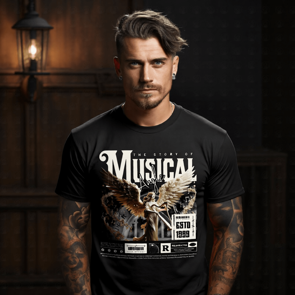 MUSICAL ANGEL Harp Gold Celestial Story Oversized Streetwear T-Shirt | Project Hood 171 - Project Hood