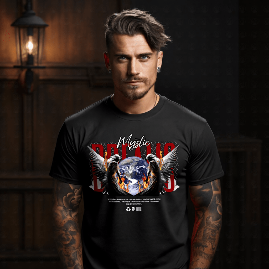Mystic Dreams Oversized Streetwear T-Shirt | Dark Angel Fire Wings Earth Graphic Tee | Project Hood 16 - Project Hood