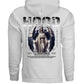 Gothic angel oversized hoodie detail raven feathers DTG print barbed wire frame close-up
