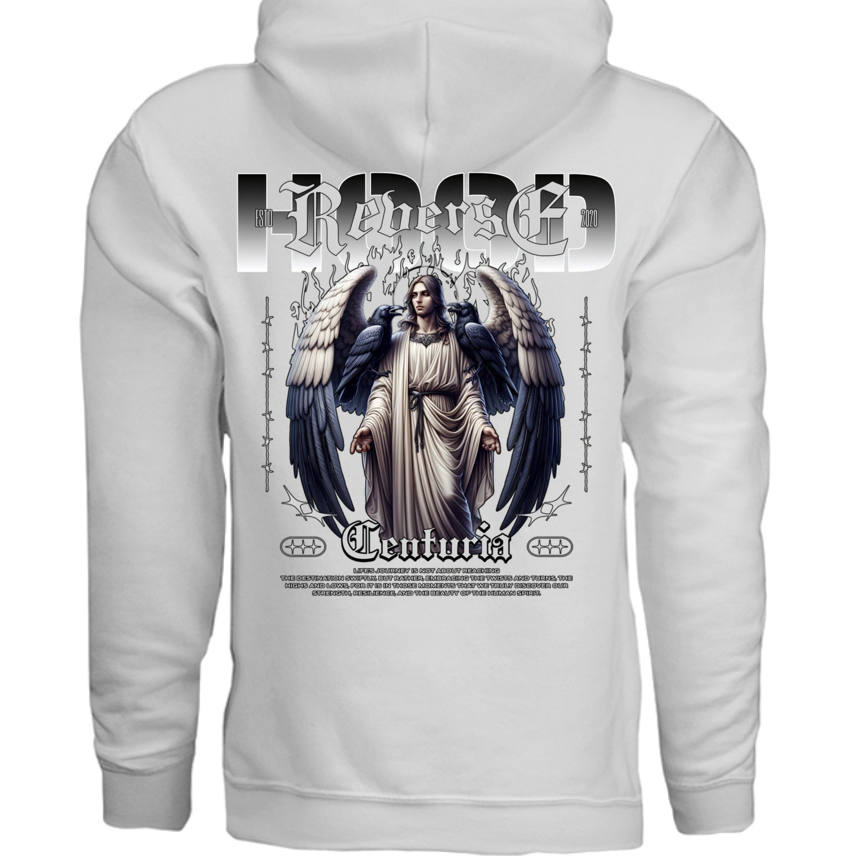 Gothic angel oversized hoodie detail raven feathers DTG print barbed wire frame close-up