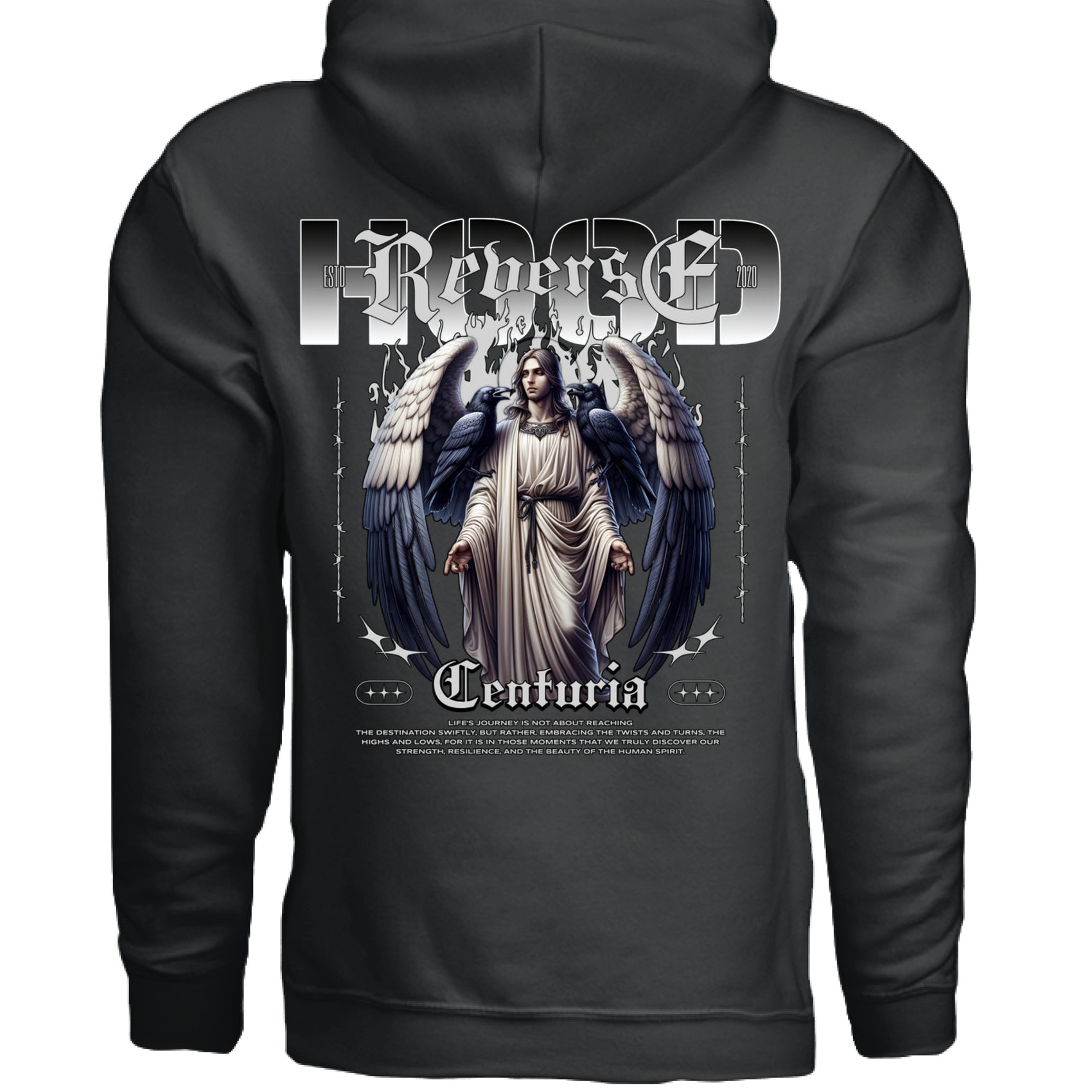 Reverse Centuria gothic streetwear hoodie white colorway front view angel raven design
