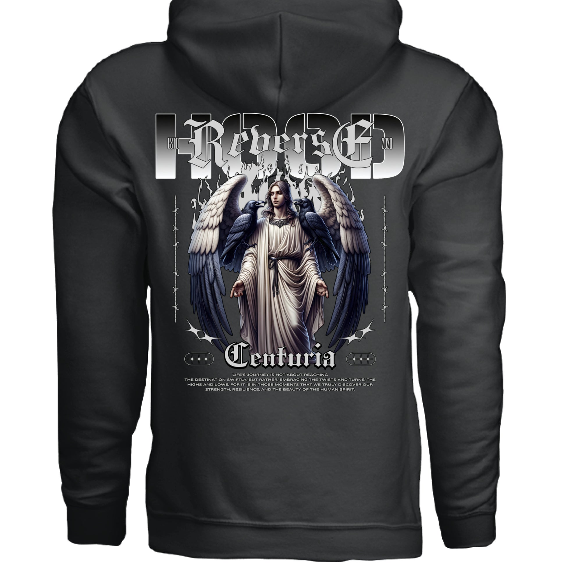 Reverse Centuria gothic streetwear hoodie white colorway front view angel raven design