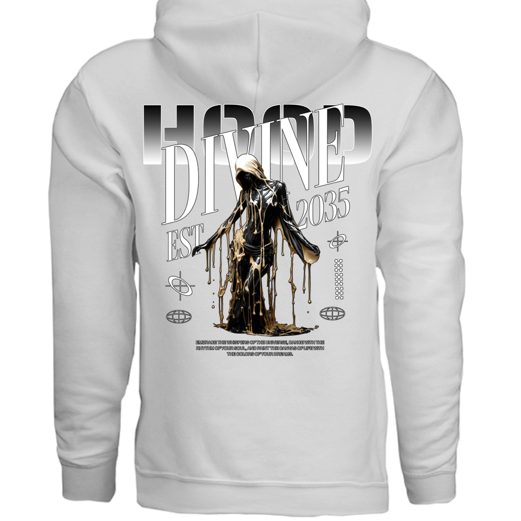 Divine Drip futuristic graphic oversized fleece hoodie back view black Project Hood
