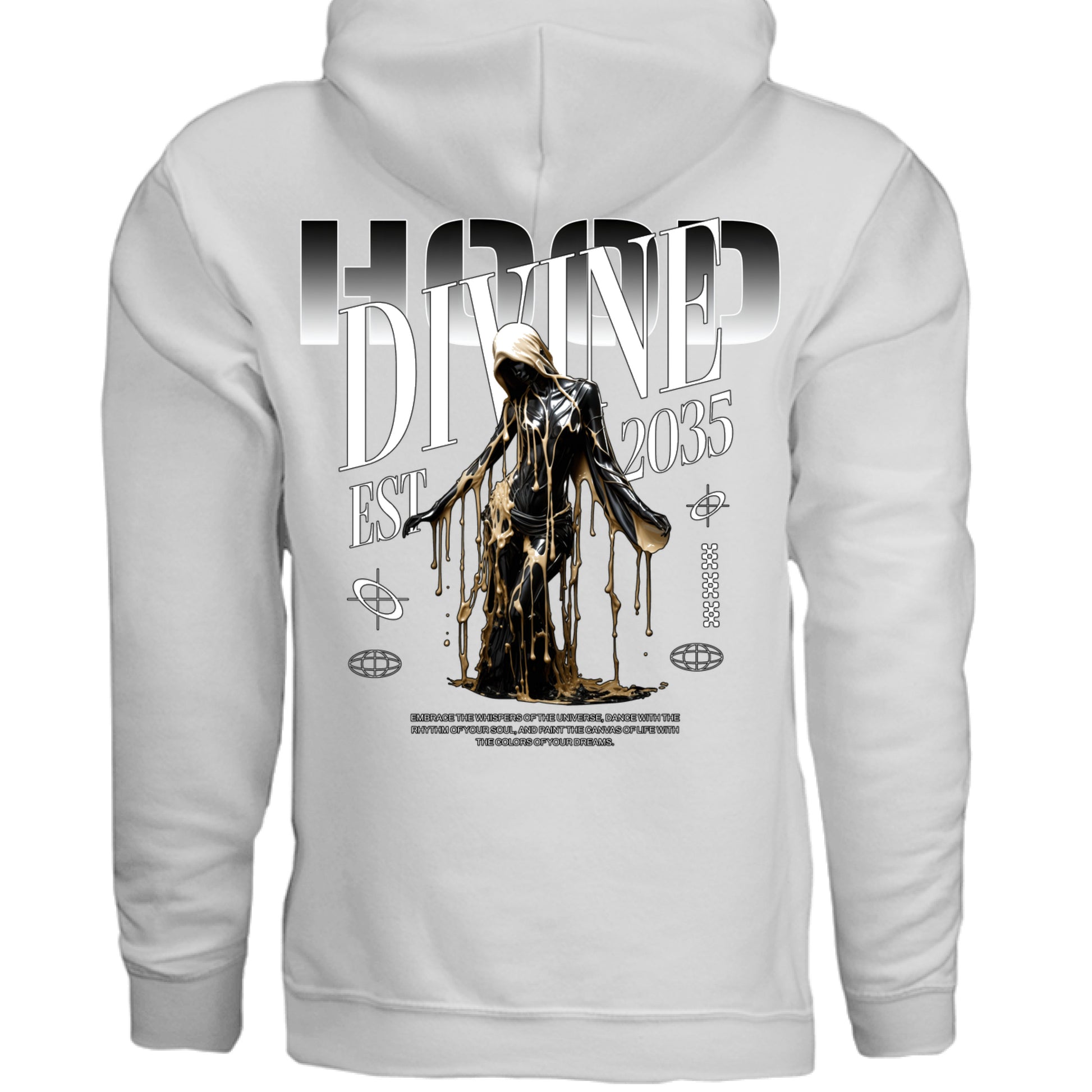 Divine Drip futuristic graphic oversized fleece hoodie back view black Project Hood