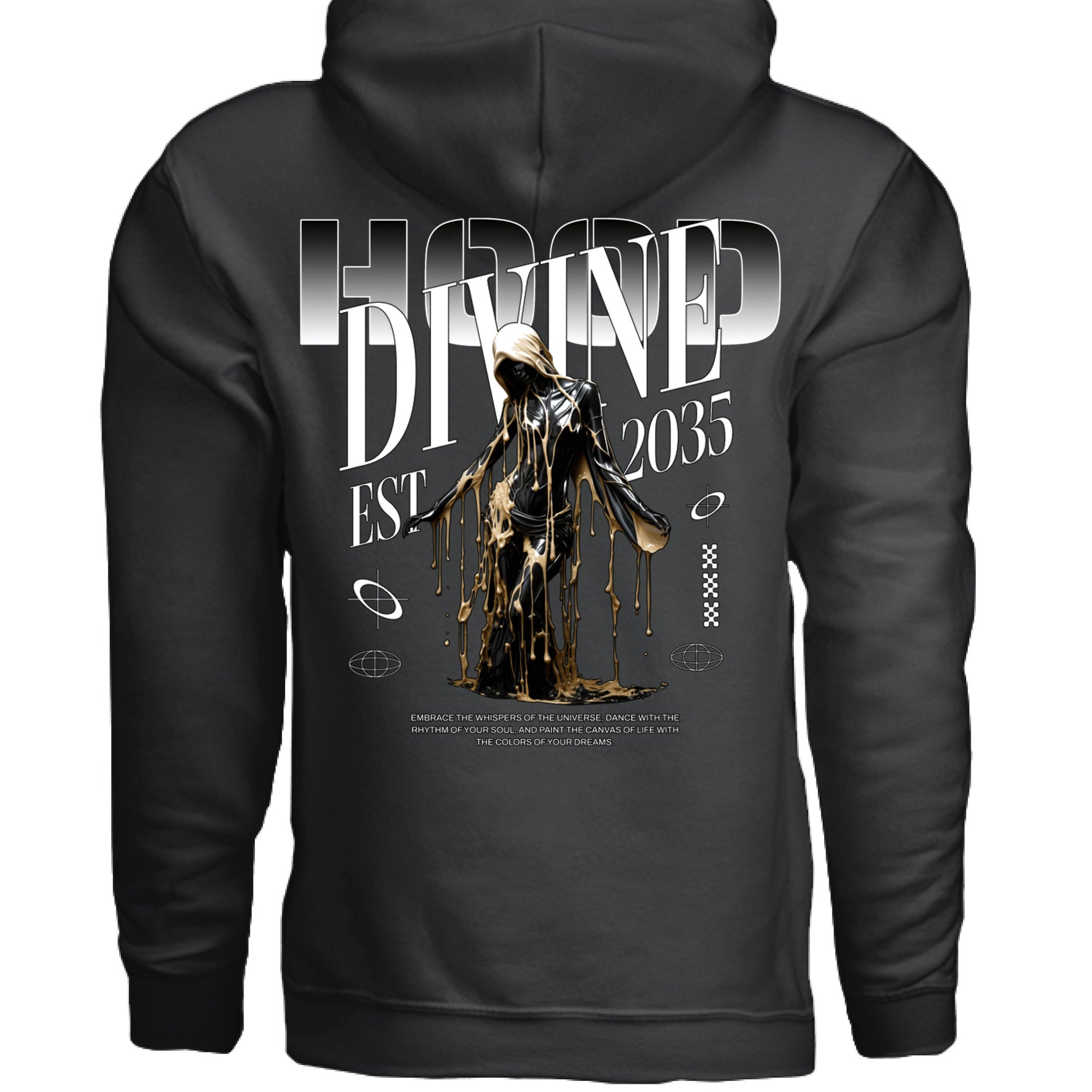 DIVINE gold drip streetwear graphic oversized hoodie white back view Project Hood