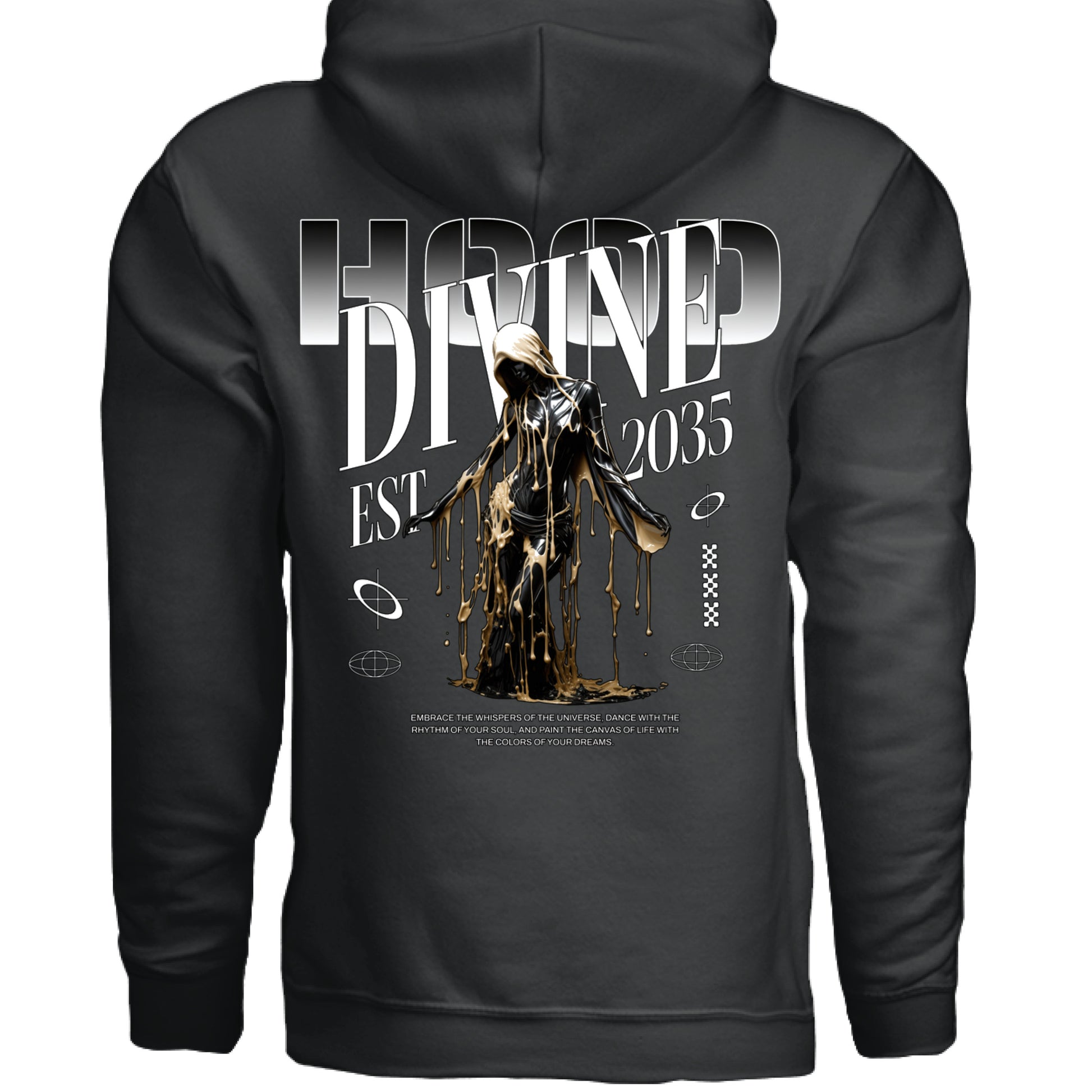 DIVINE gold drip streetwear graphic oversized hoodie white back view Project Hood