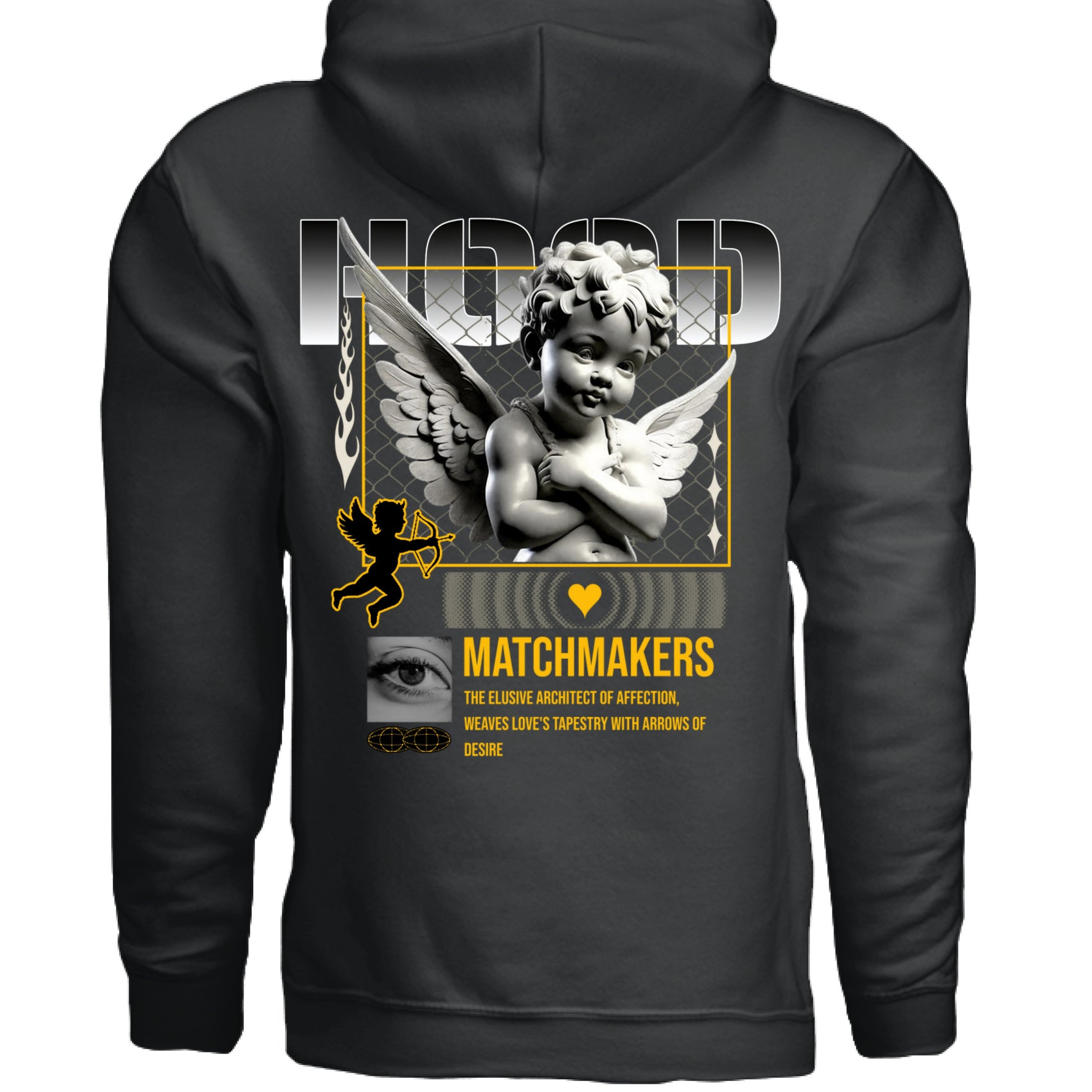 Matchmakers gold heart cupid arrow design oversized hoodie white back view Project Hood