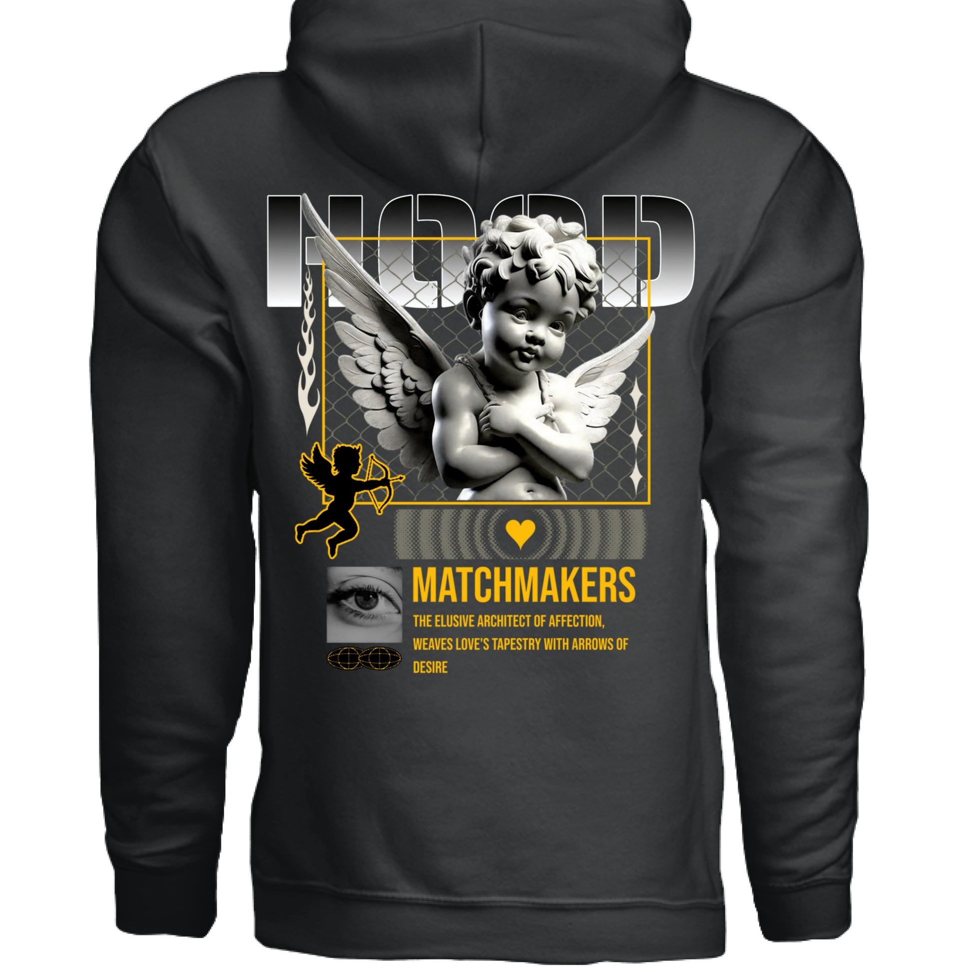 Matchmakers gold heart cupid arrow design oversized hoodie white back view Project Hood