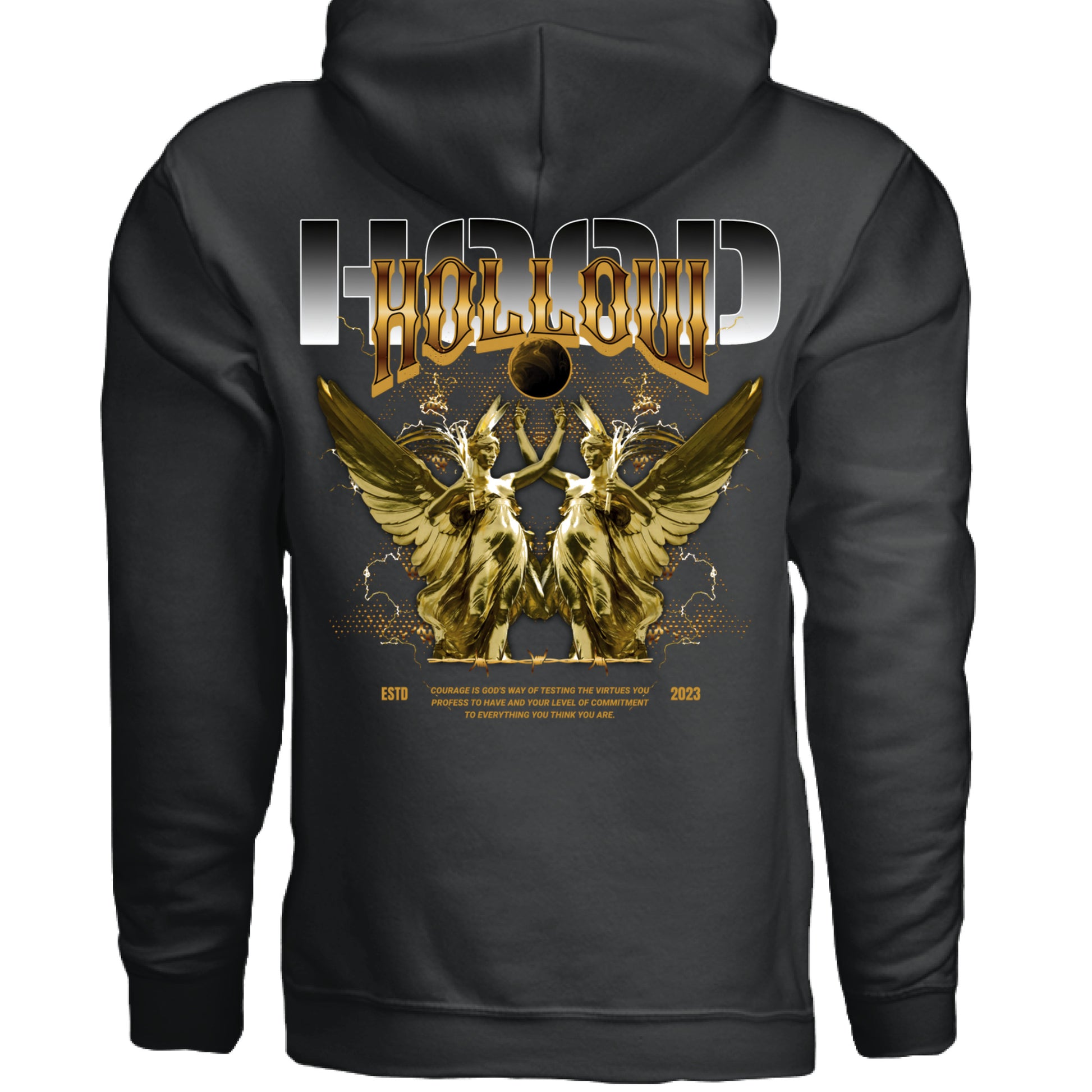 HOLLOW VIRTUE hoodie detail golden angel barbed wire graphic Project Hood