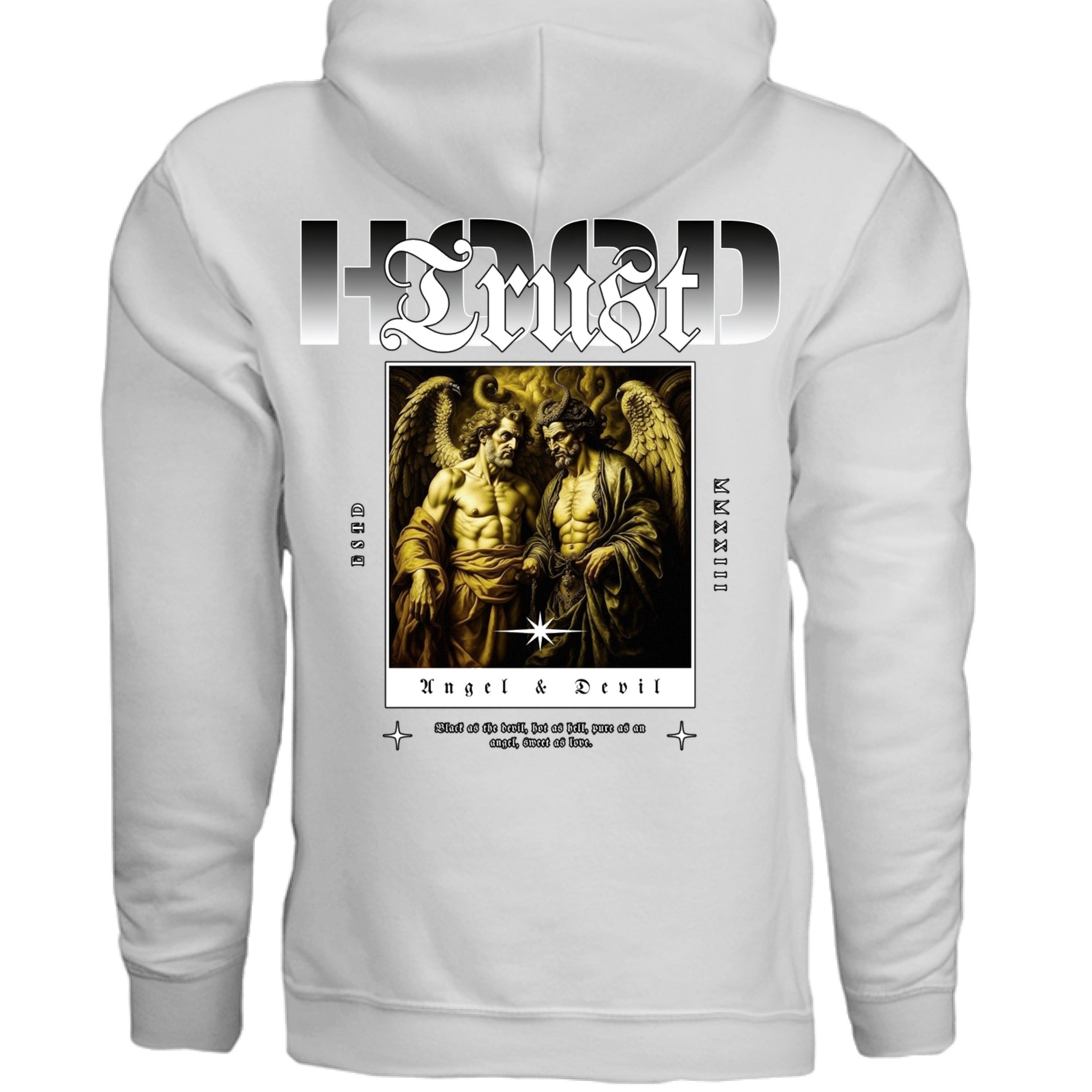 TRUST angel devil hoodie back view Project Hood oversized fleece black streetwear