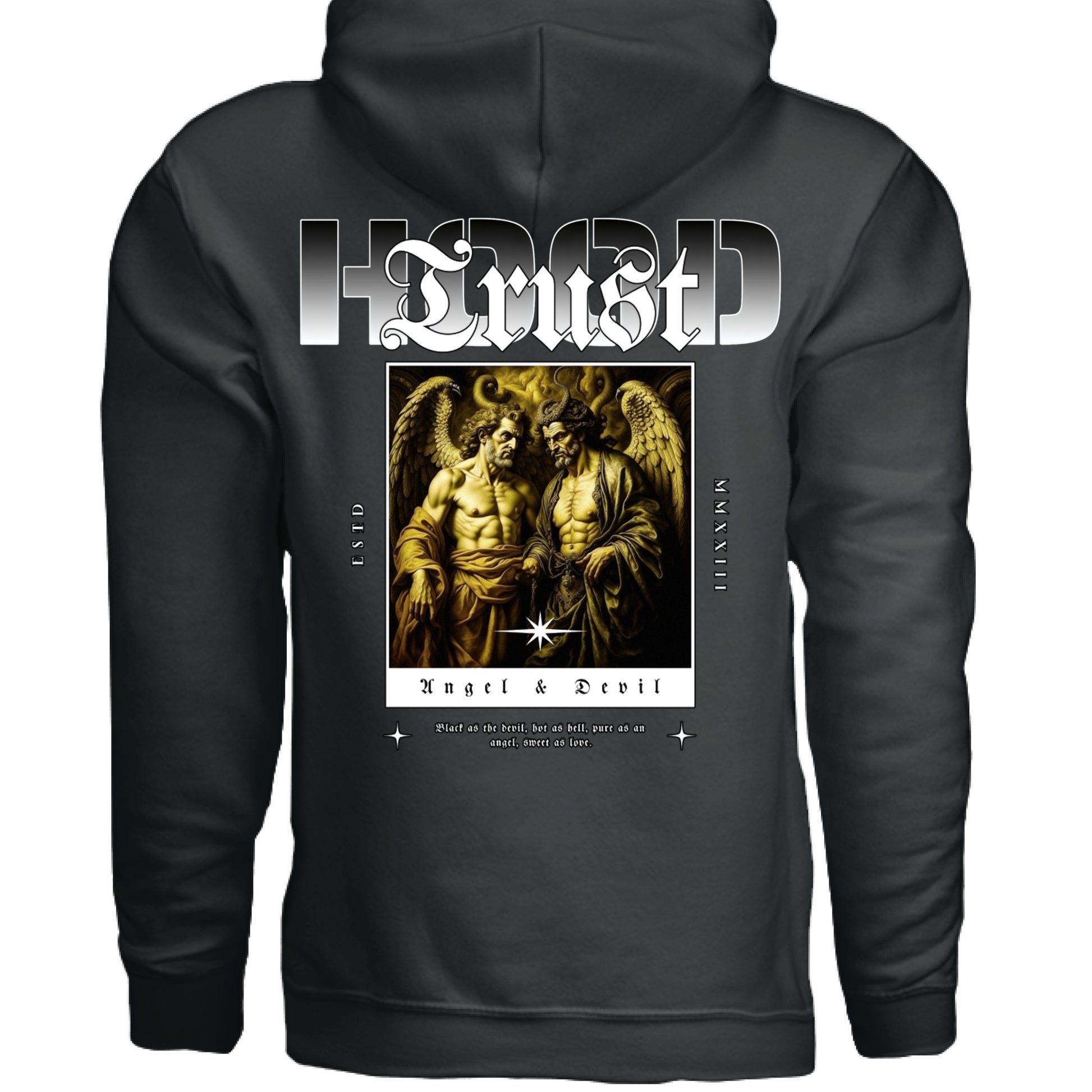 TRUST hoodie detail angel halo demon horns rosary Renaissance painting Project Hood