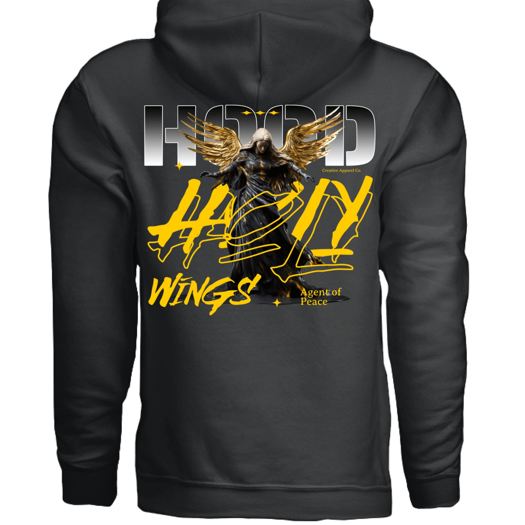HOLY WINGS hoodie close up graffiti yellow angel wings detail Project Hood