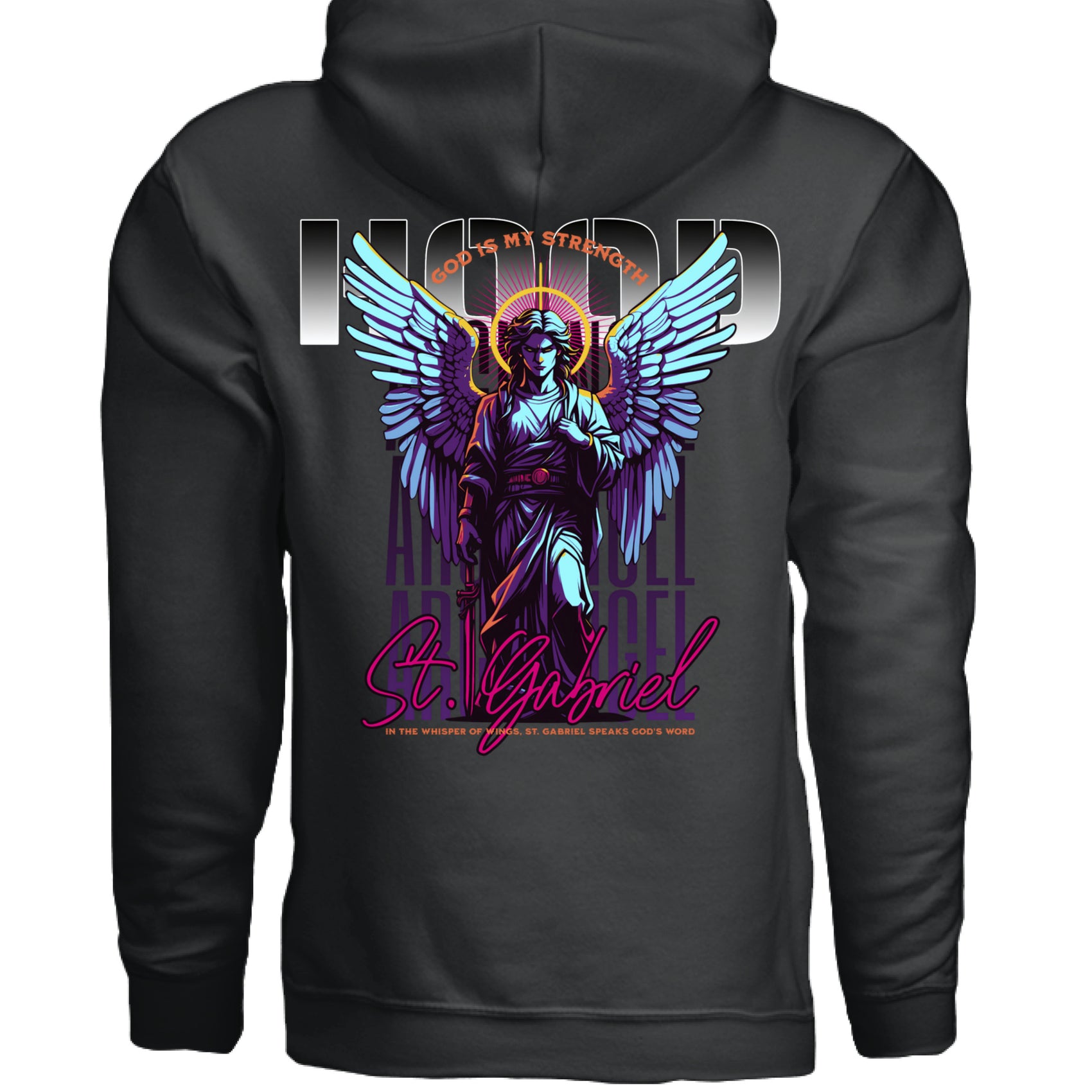 ST. GABRIEL ARCHANGEL hoodie close up sword halo wings neon design Project Hood