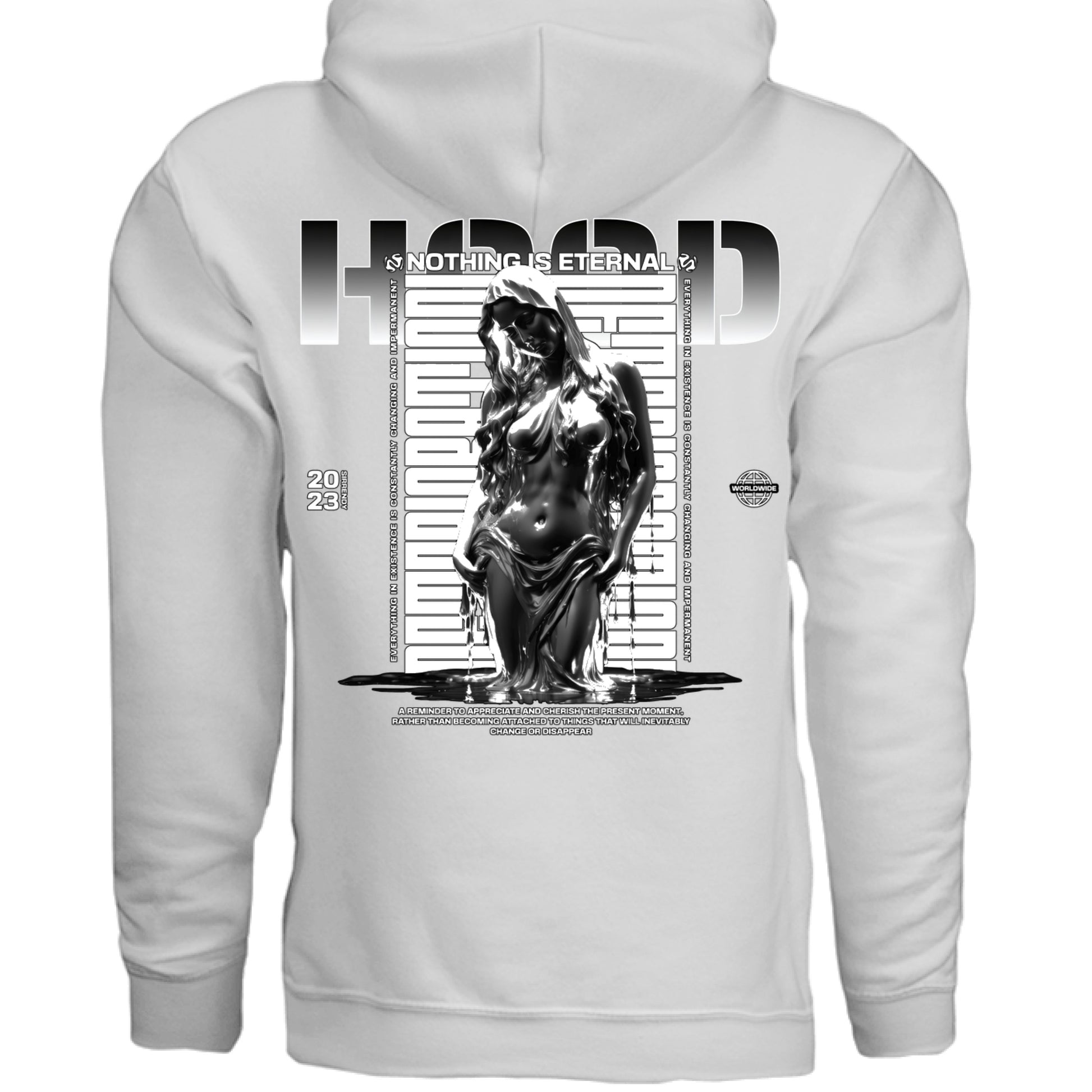 NOTHING IS ETERNAL hoodie back view Project Hood oversized fleece black streetwear