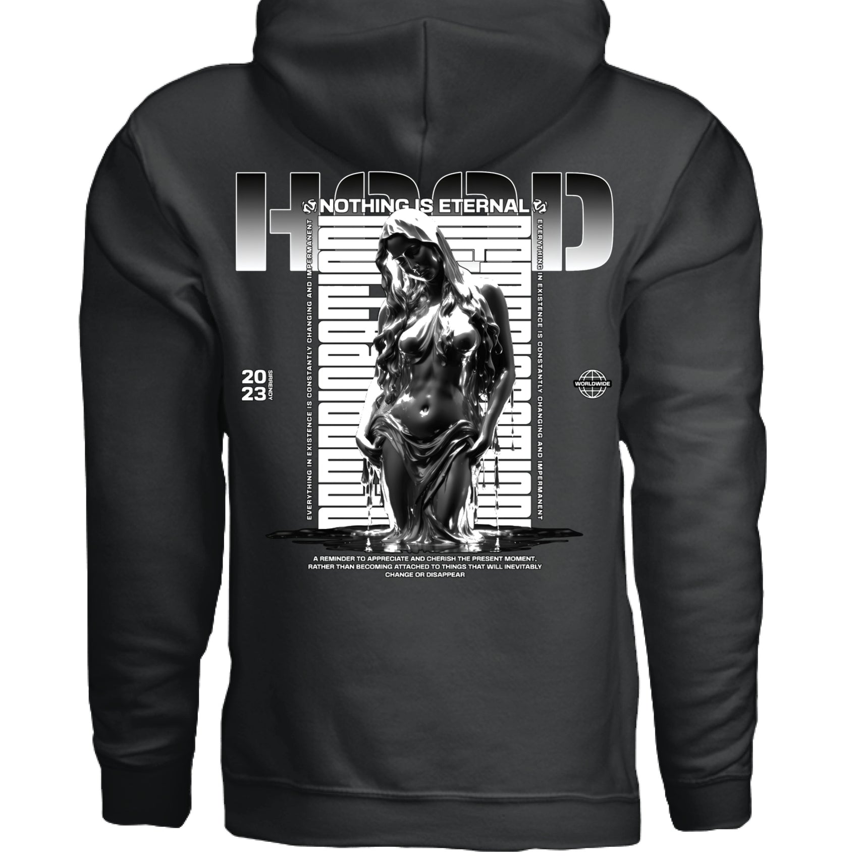 NOTHING IS ETERNAL hoodie close up chrome figure typography detail Project Hood