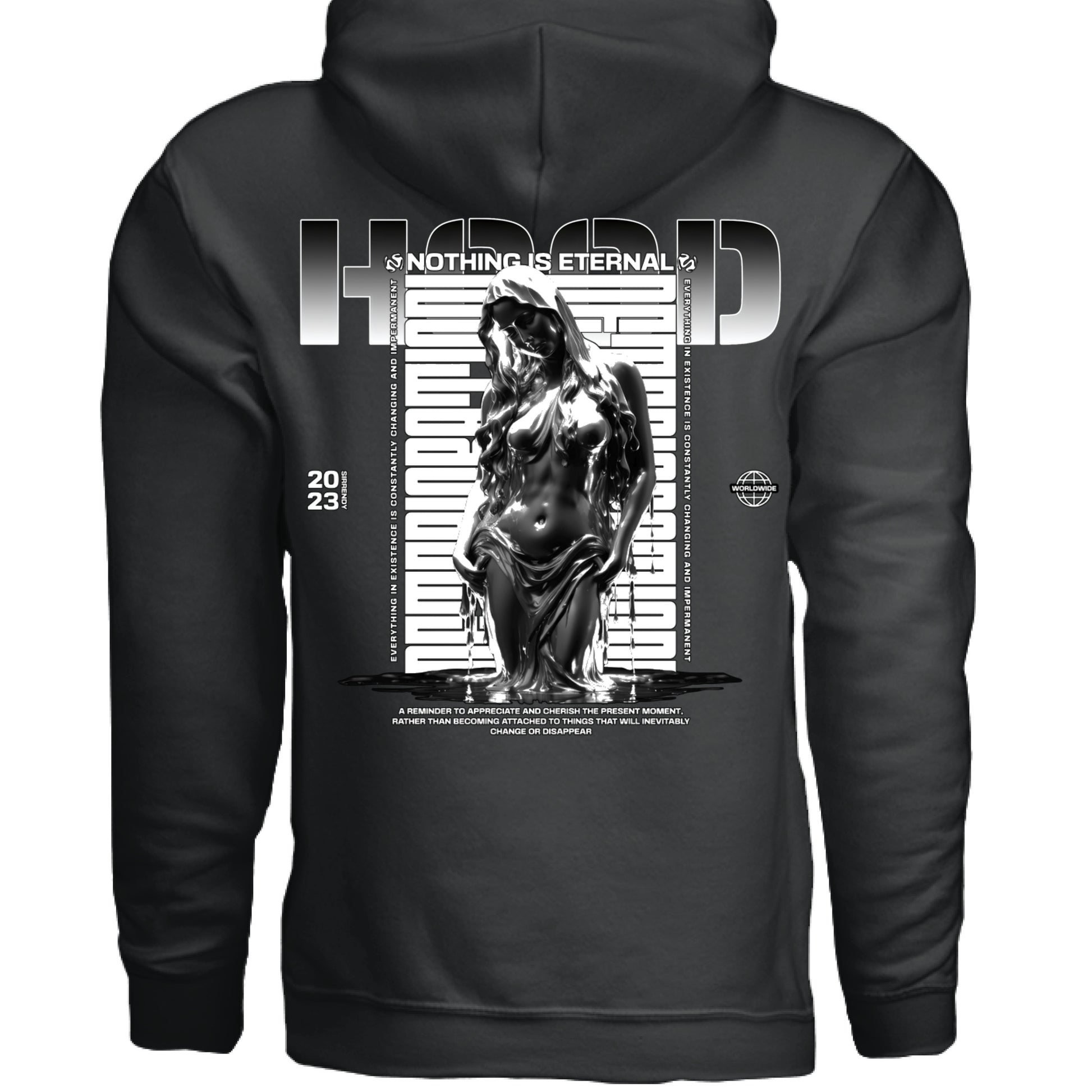 NOTHING IS ETERNAL hoodie close up chrome figure typography detail Project Hood