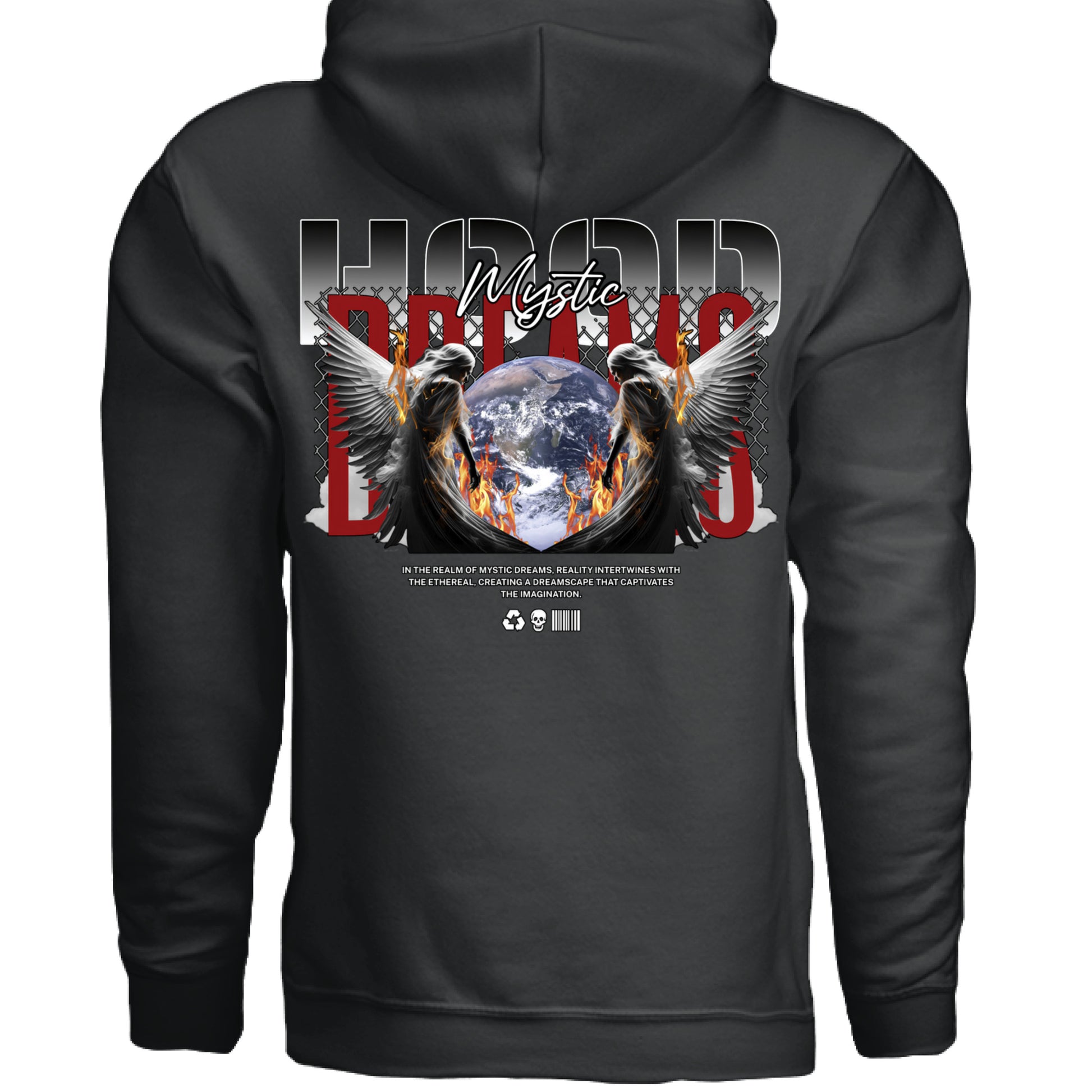MYSTIC DREAMS hoodie close up chain link DREAMS lettering angel wings detail Project Hood