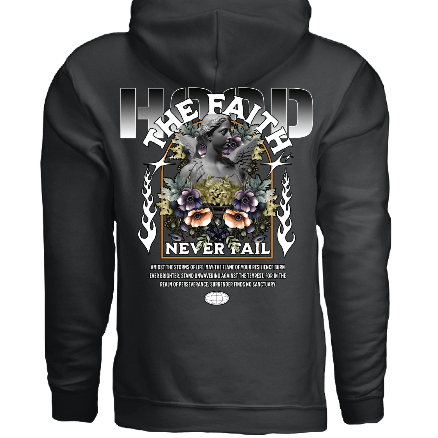 Faith Never Fail Oversized Hoodie flat lay Black White Project Hood streetwear