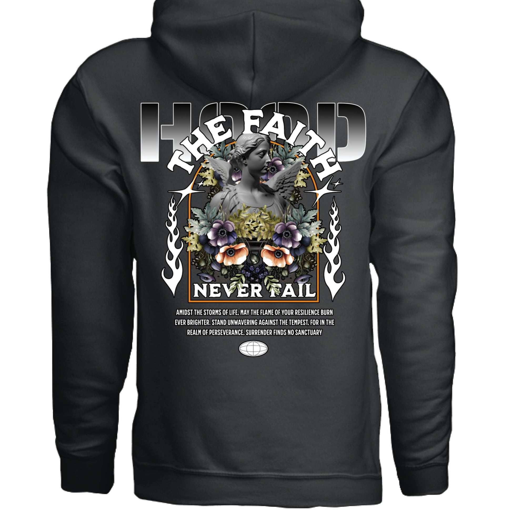 Faith Never Fail Oversized Hoodie flat lay Black White Project Hood streetwear