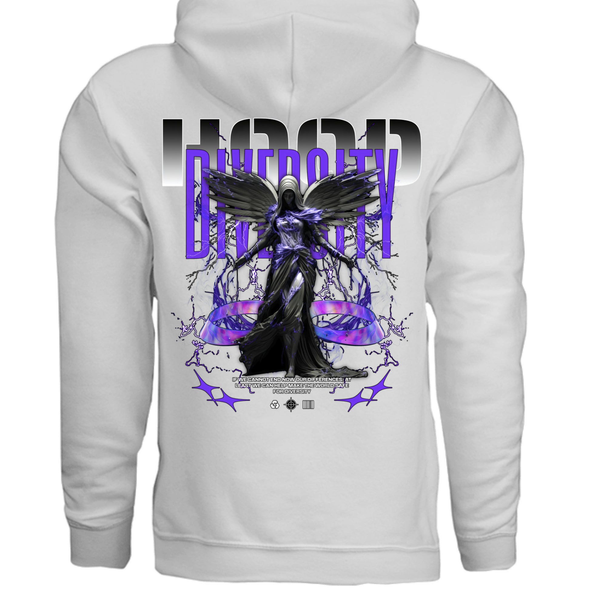 Diversity Hoodie Black back on model Project Hood electric lightning JFK quote graphic