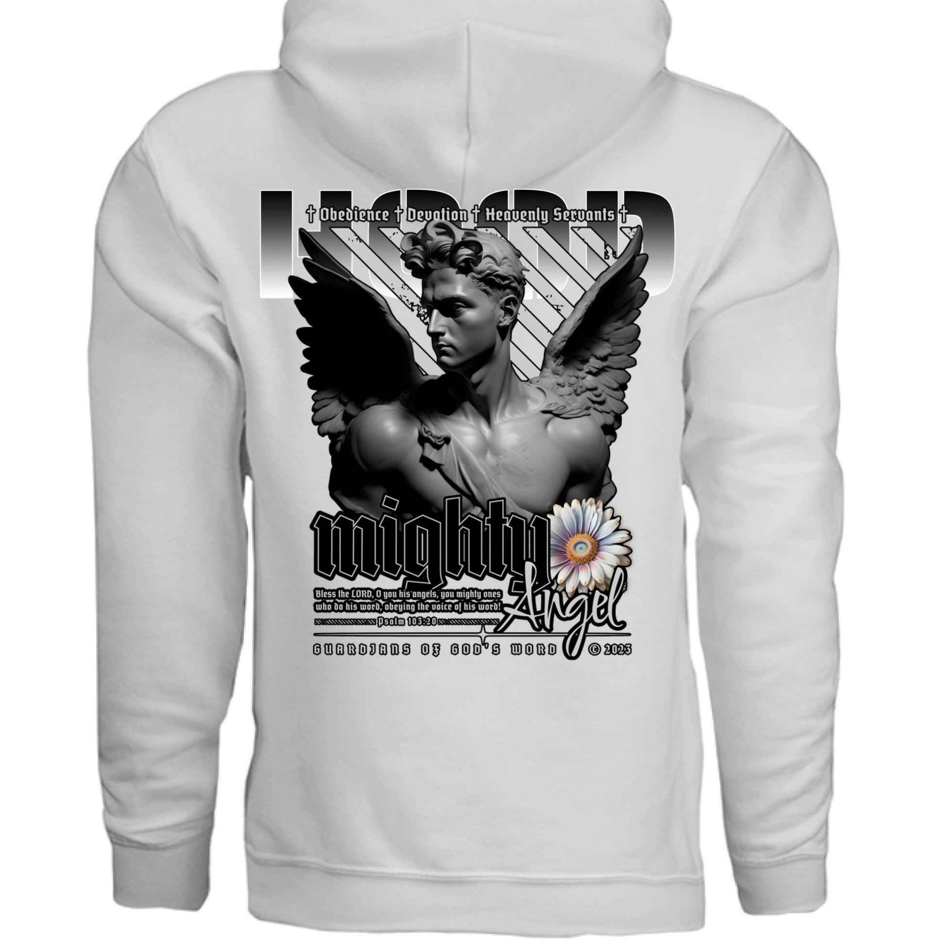 Mighty Angel Hoodie Black back on model Project Hood Guardians of God's Word graphic