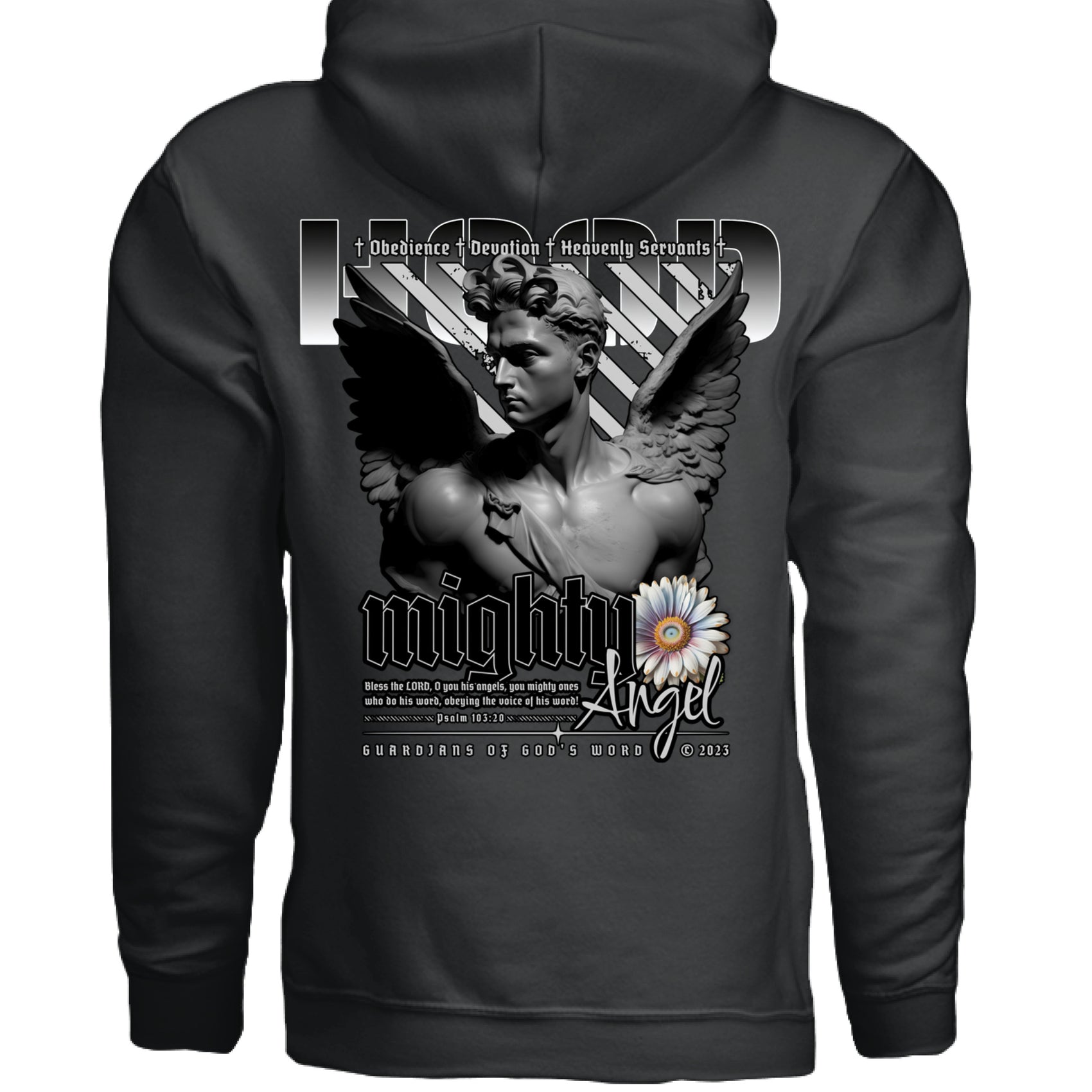 Mighty Angel Oversized Hoodie flat lay Black White Project Hood biblical streetwear