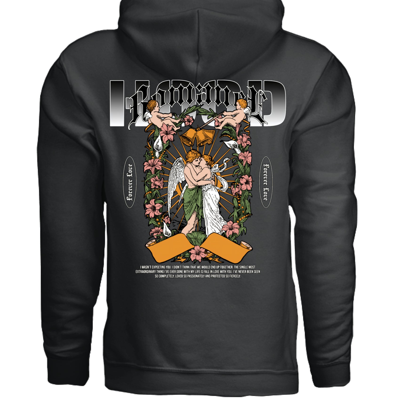 Romance Oversized Hoodie flat lay Black White Project Hood streetwear forever love