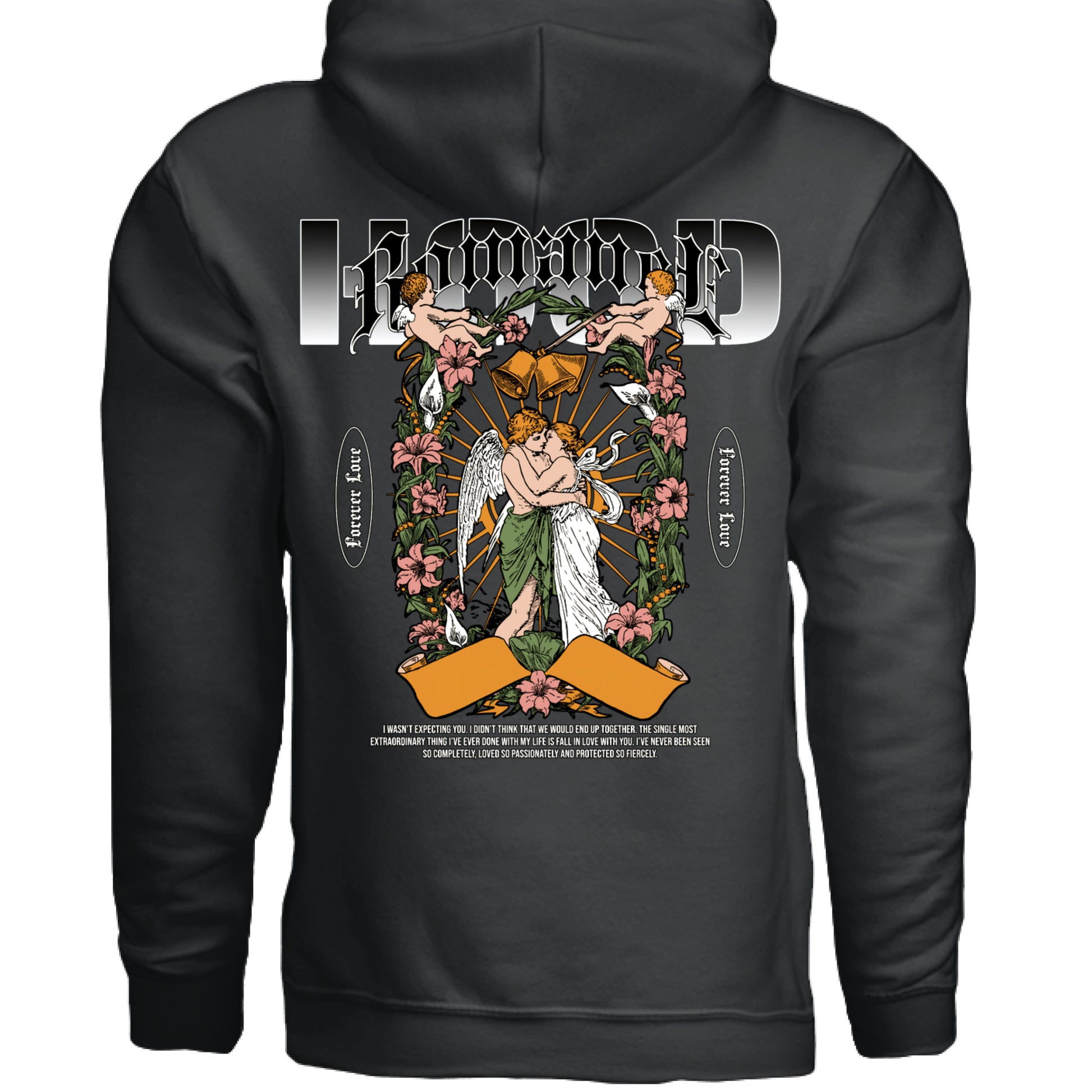 Romance Oversized Hoodie flat lay Black White Project Hood streetwear forever love
