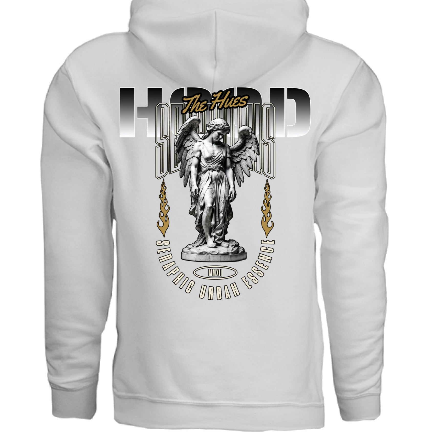 Seraphic Urban Essence Hoodie Black back on model Project Hood standing angel design