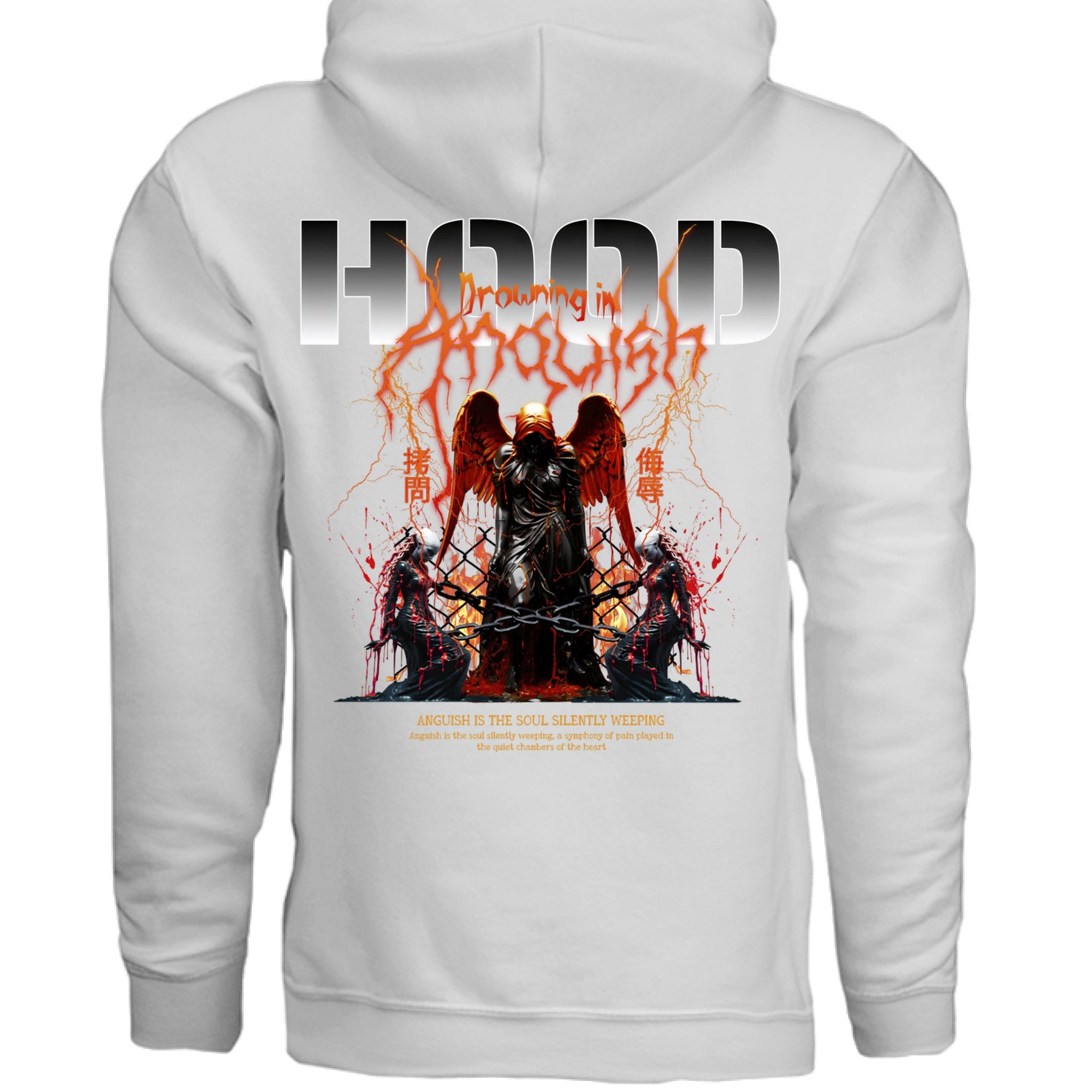 Drowning in Anguish Hoodie Black back on model Project Hood fire chains kanji graphic