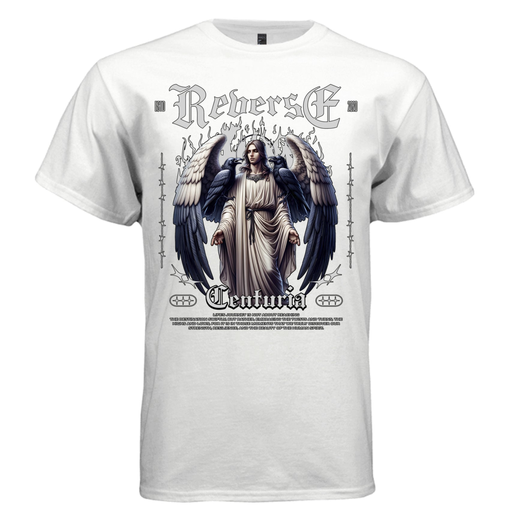 White Reverse Centuria angel graphic oversized t-shirt front view — gothic streetwear tee with raven print