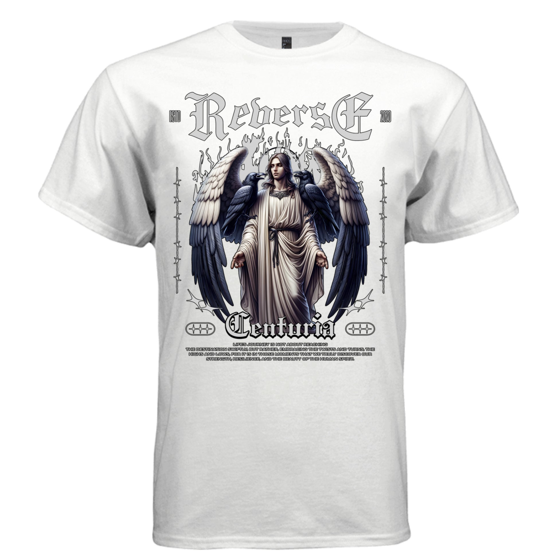 White Reverse Centuria angel graphic oversized t-shirt front view — gothic streetwear tee with raven print